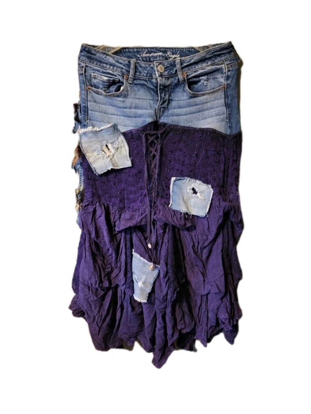 Upcycled Skirt Bohemian Patchwork Hippie Denim AE Sz 6 Grunge Punk Revival